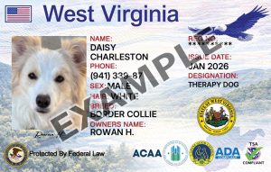 West Virginia Service Dog Registration Card